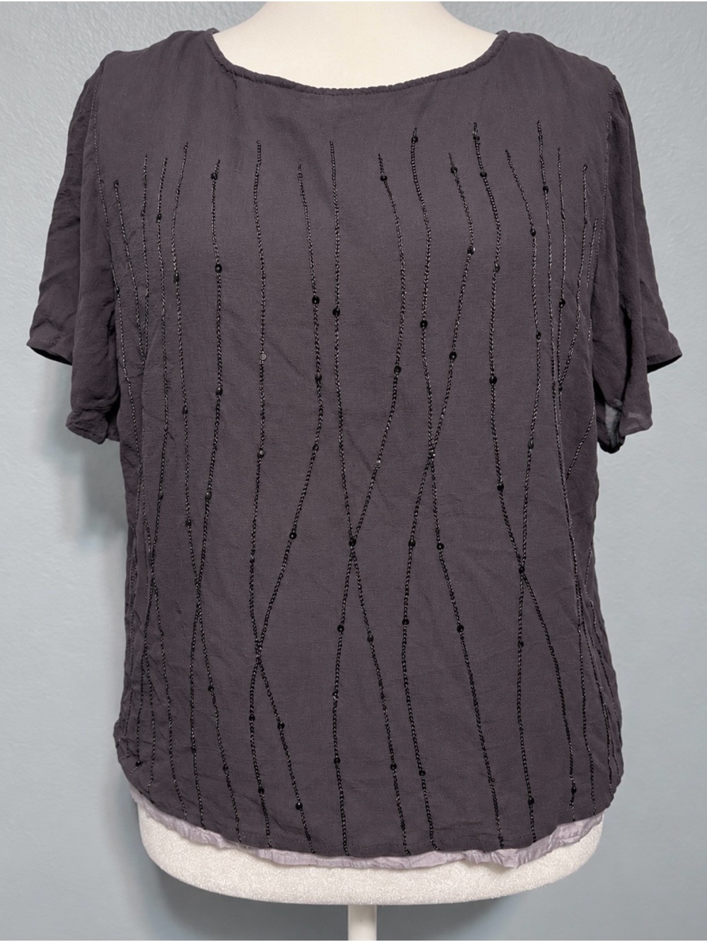 Maggie McNaughton Gray Beaded Blouse 100% Silk Sequin Artsy Lagenlook 16W